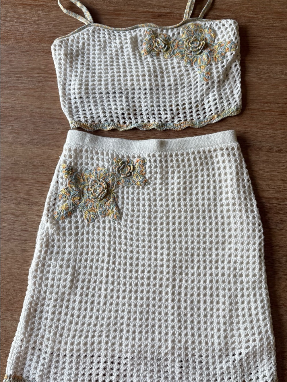 Abercrombie & Fitch Cream Crochet Skirt Set with Yellow-Green Floral Embroidery
